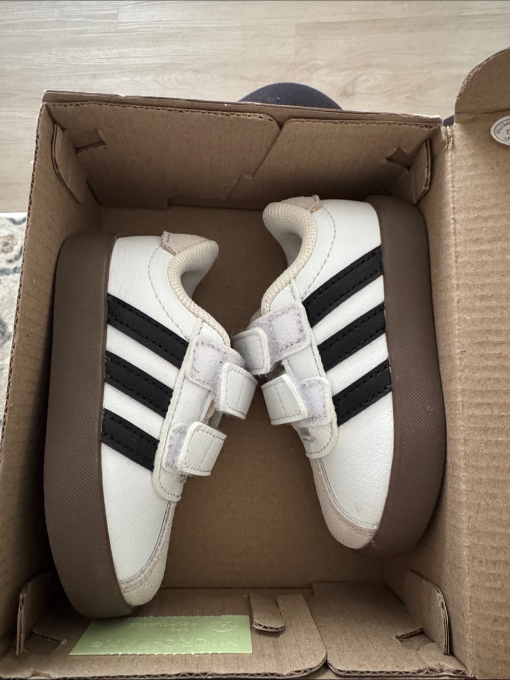 adidas Kids White Sneakers with Black Stripes and Brown Sole
